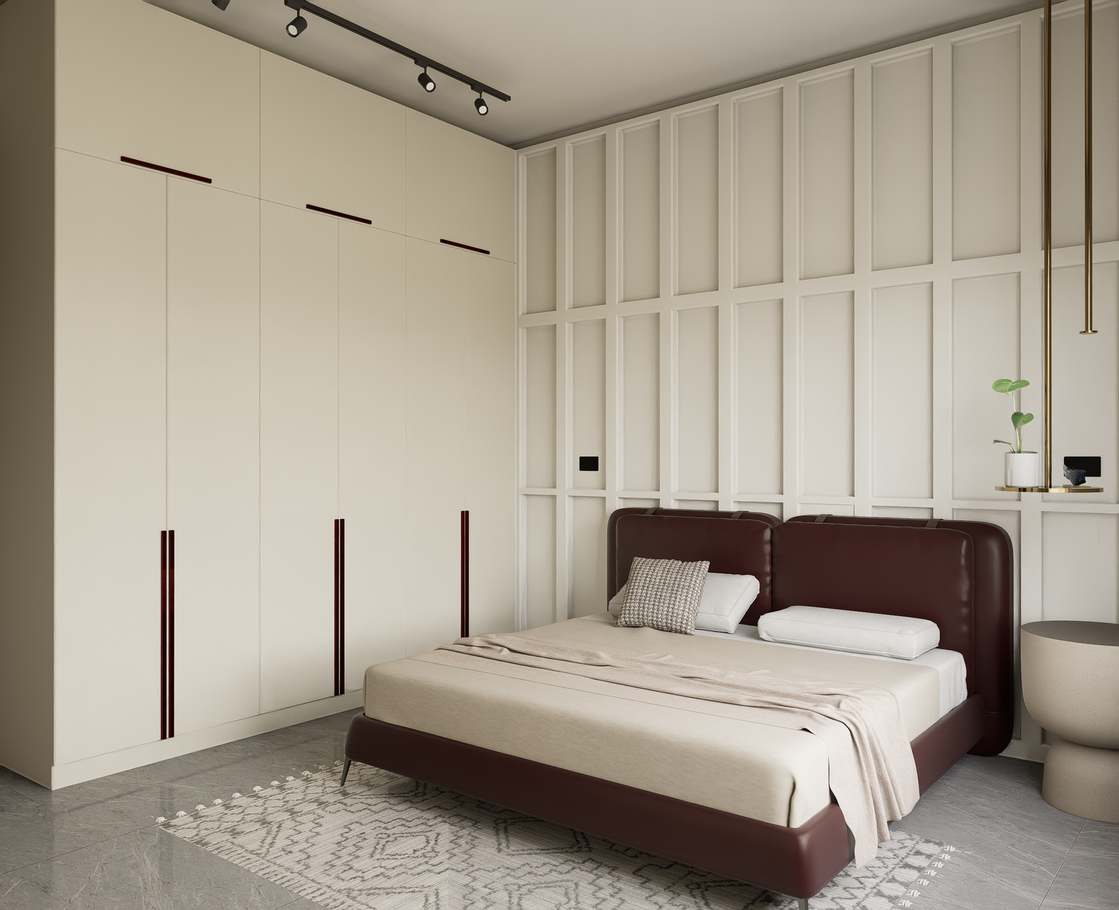 Bedroom with cream wardrobe, maroon accents and matching headboard